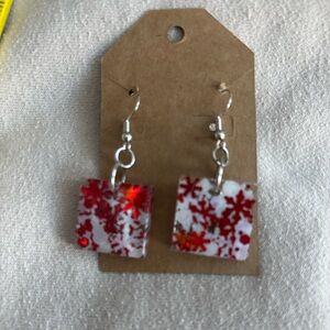 Red and White snowflake Square Earrings